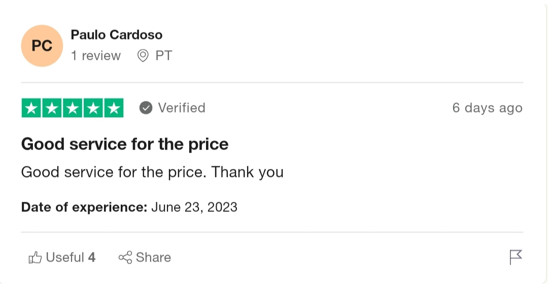 IPTV MAX - Multianslutningar 18 A Trustpilot iptv reviews from Paulo Cardoso with a profile picture displaying the initials "PC" and a location pin marked "PT." The review, marked as verified, reads "Good IPTV service for the price. Thank you." The date of experience is June 23, 2023.