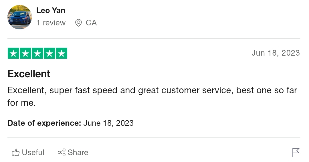 IPTV MAX - Multianslutningar 17 A customer iptv reviews by Leo Yan from California on June 18, 2023, giving an "Excellent" rating with 5 stars. The review states "Excellent, super fast speed and great customer service, best IPTV one so far for me." Includes buttons for "Useful" and "Share.